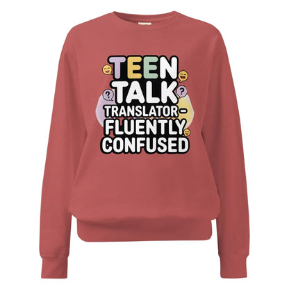 Red sweatshirt with colorful text design on a white background