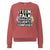 Red sweatshirt with colorful text design on a white background