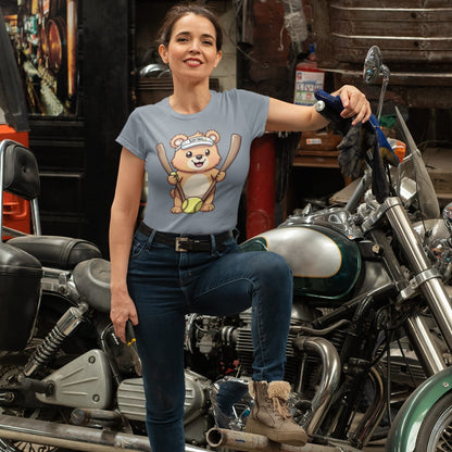 Cartoon bear holding softball bats and ball wearing a visor labeled “Softball” – printed on garment-dyed heavyweight t-shirt for sporty moms
