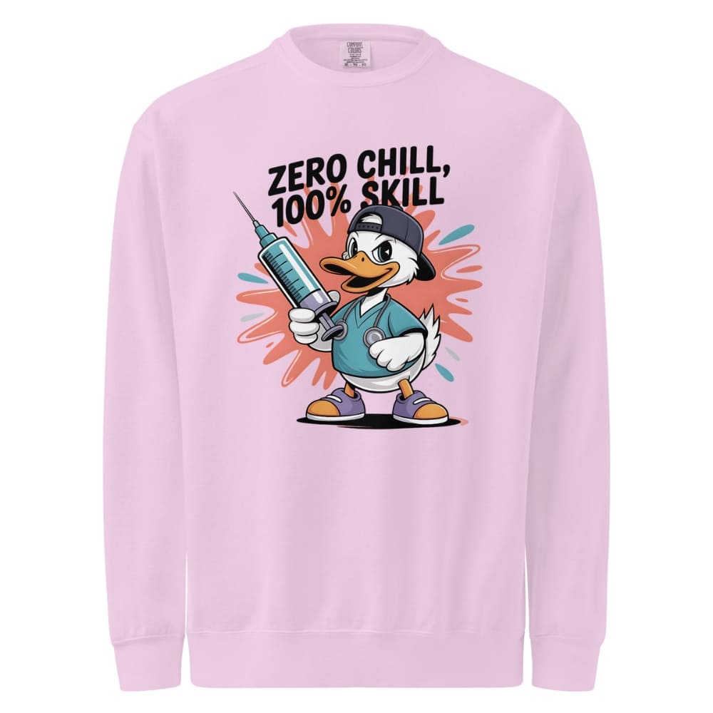 Pink sweatshirt with cartoon character holding a syringe and text 'Zero Chill, 100% Skill' on a white background