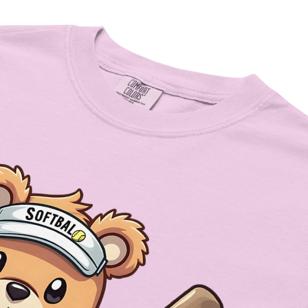 Cartoon bear holding softball bats and ball wearing a visor labeled “Softball” – printed on garment-dyed heavyweight t-shirt for sporty moms