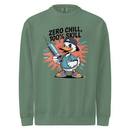 Green sweatshirt with cartoon character holding a syringe and text 'Zero Chill, 100% Skill' on a white background