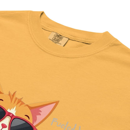 Cool cat with sunglasses holding a softball bat and coffee cup, beside text “Fueled by Coffee & Curveballs” – printed on soft heavyweight t-shirt for sporty moms