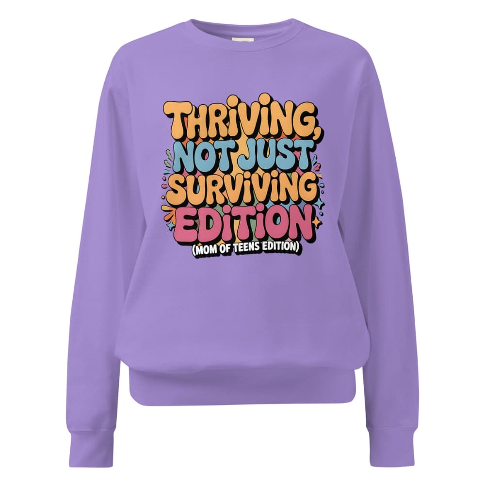 Purple sweatshirt with colorful text on a white background