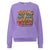 Purple sweatshirt with colorful text on a white background