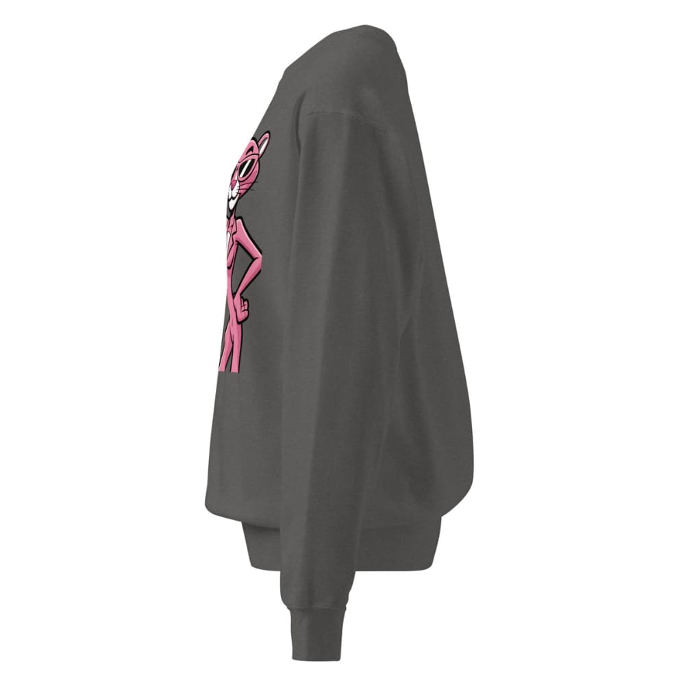 Gray sweatshirt with pink and black design on sleeve against a white background