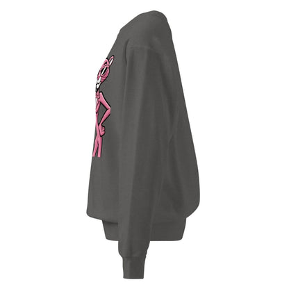 Gray sweatshirt with pink and black design on sleeve against a white background