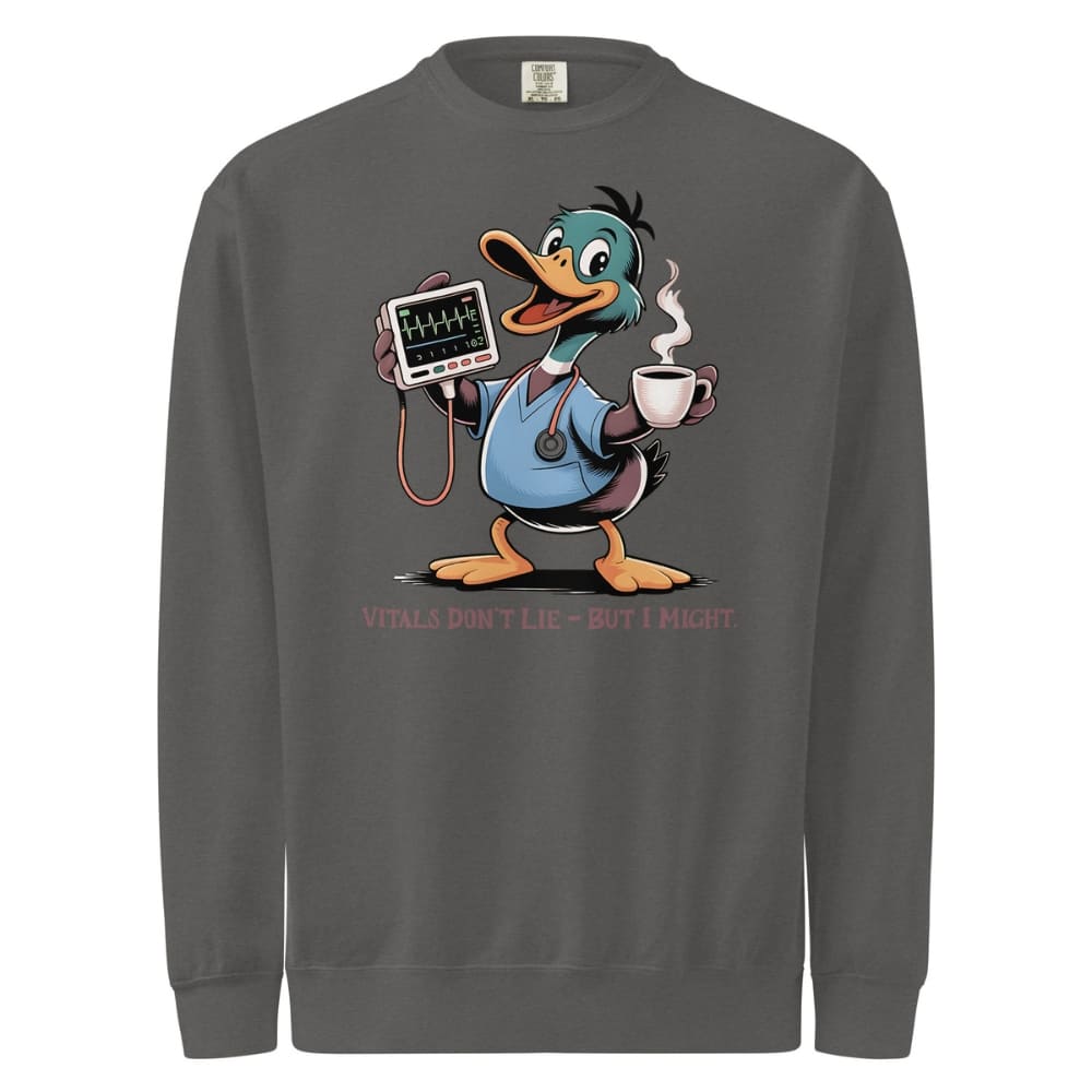 Gray sweatshirt with cartoon duck character holding a coffee cup and medical equipment on a white background