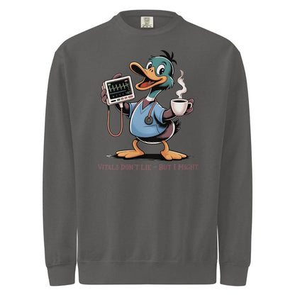 Gray sweatshirt with cartoon duck character holding a coffee cup and medical equipment on a white background