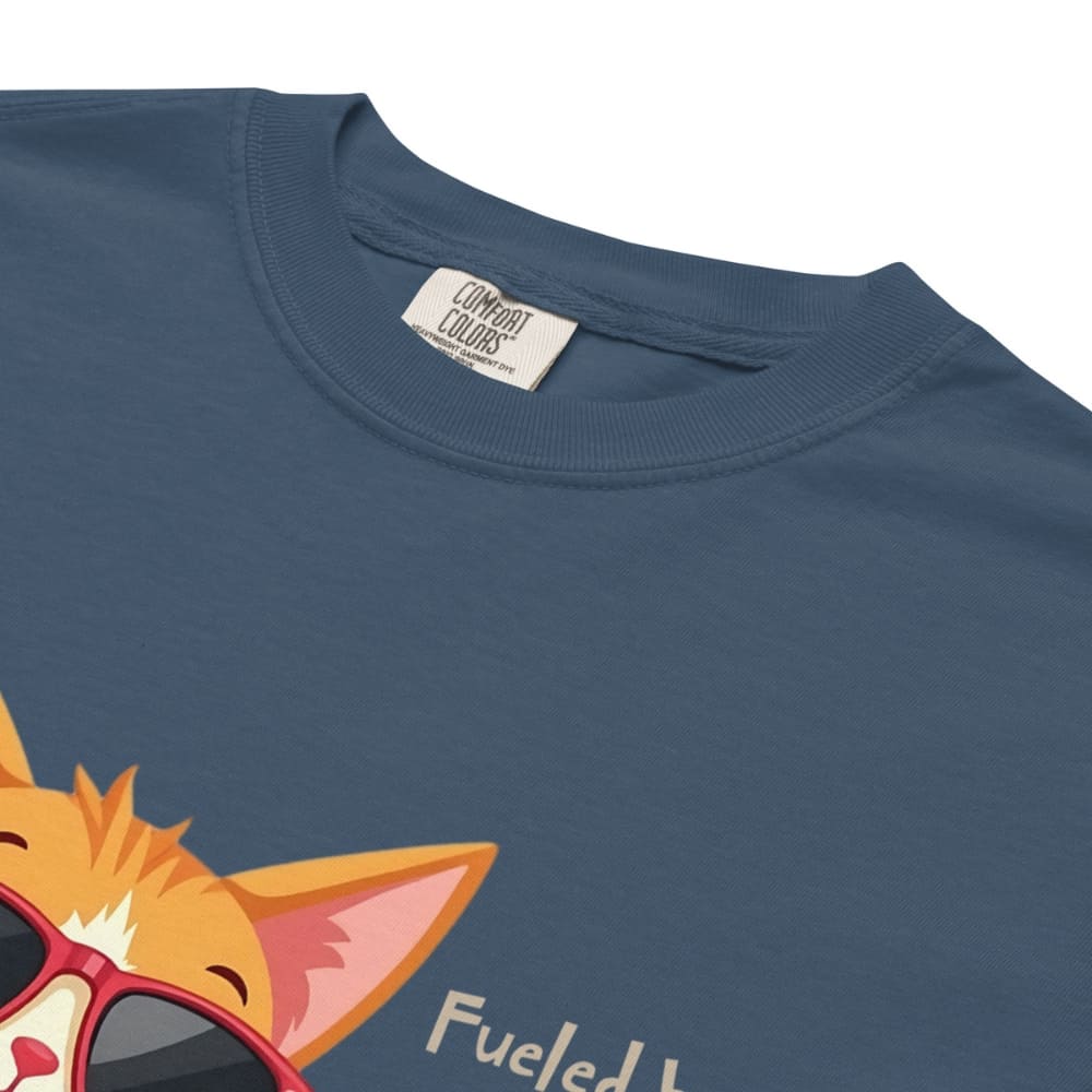 Cool cat with sunglasses holding a softball bat and coffee cup, beside text “Fueled by Coffee & Curveballs” – printed on soft heavyweight t-shirt for sporty moms