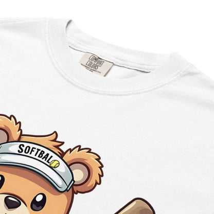 Cartoon bear holding softball bats and ball wearing a visor labeled “Softball” – printed on garment-dyed heavyweight t-shirt for sporty moms
