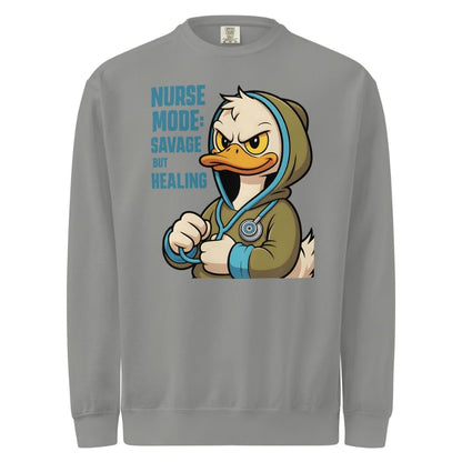 Gray sweatshirt with a cartoon duck character and text on a white background