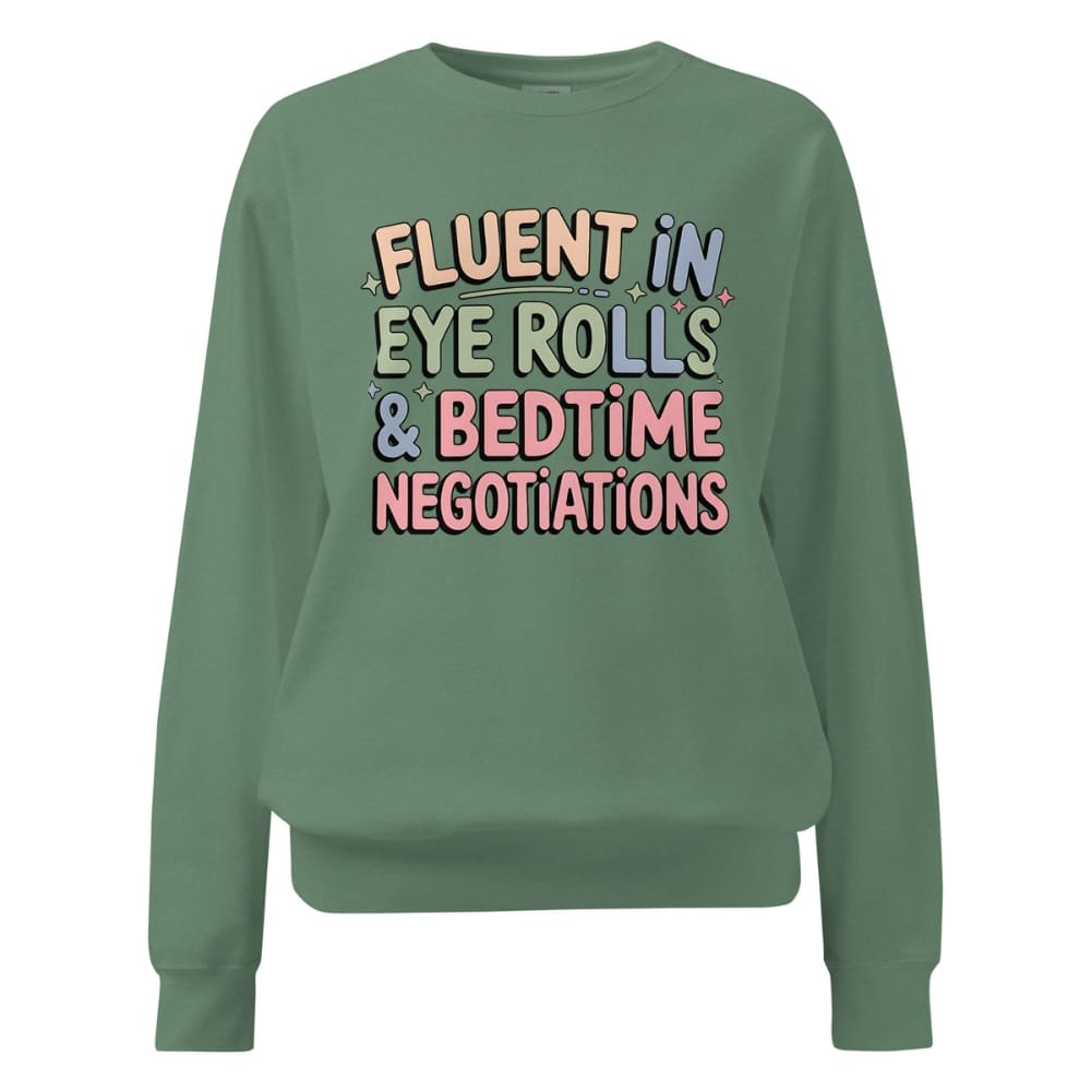 Green sweatshirt with colorful text on a white background
