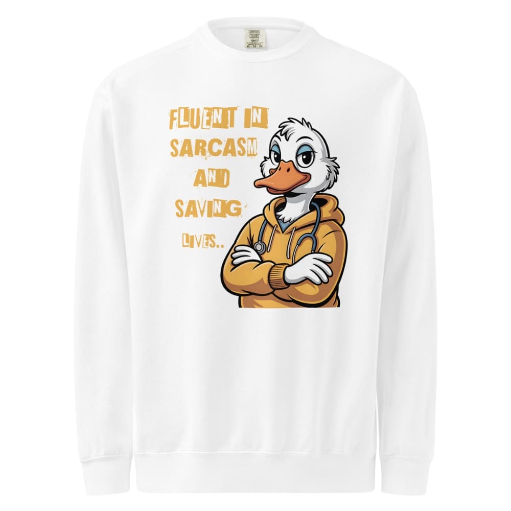 White long-sleeve shirt with a cartoon duck character and text on a white background