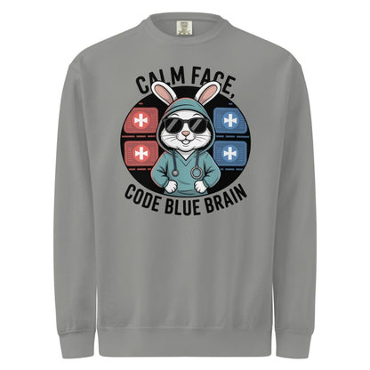 Gray sweatshirt with a graphic of a rabbit in a hoodie and text 'Calm Face, Code Blue Brain' on a white background.