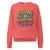 Coral sweatshirt with colorful text design on a white background