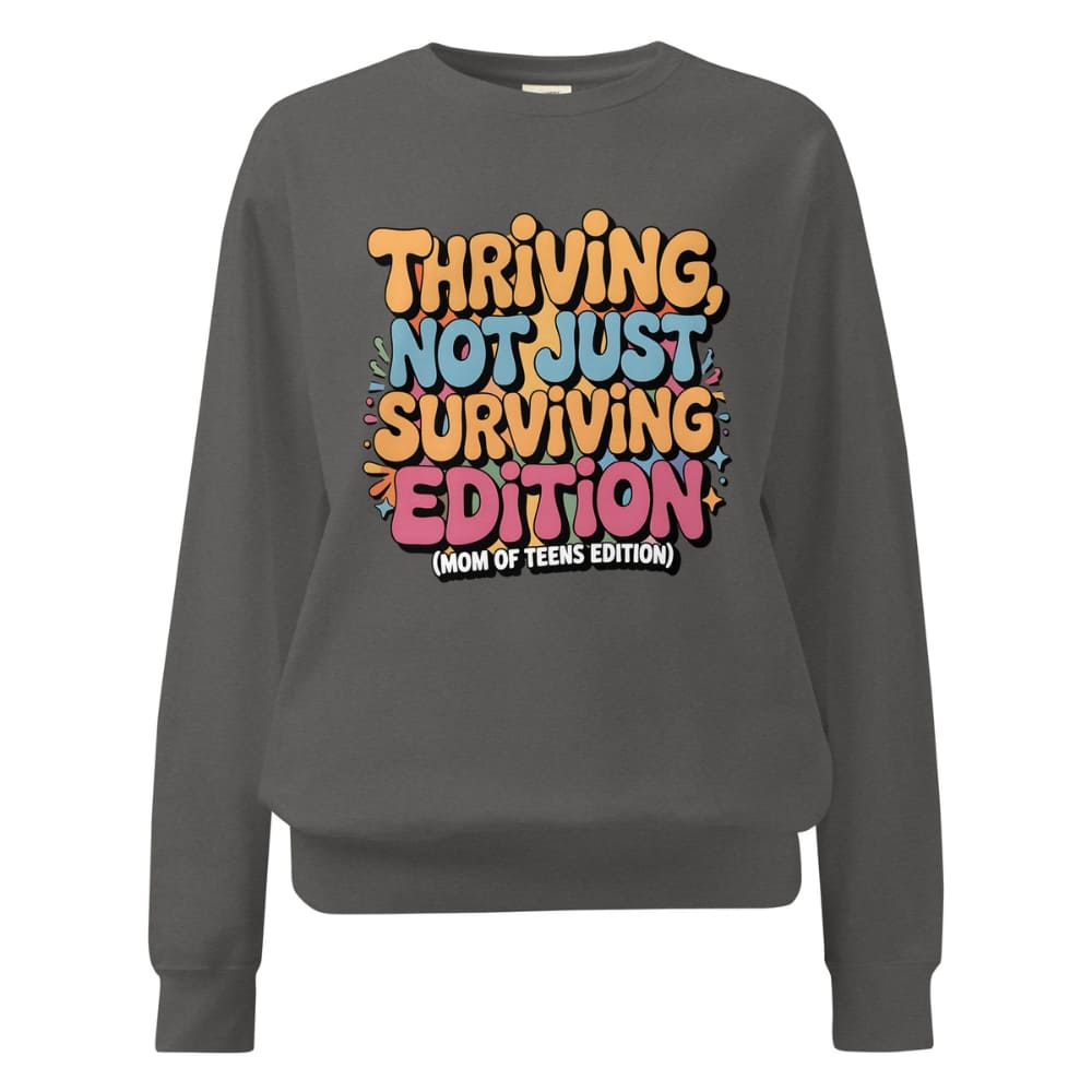 Gray sweatshirt with colorful text design on a white background