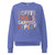 Blue sweatshirt with colorful text 'COFFEE. CHAOS. CARPOOL. REPEAT.' on a white background