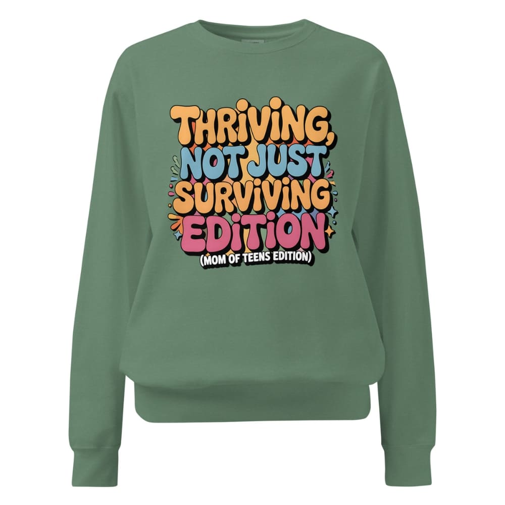 Green sweatshirt with colorful text design on a white background
