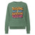 Green sweatshirt with colorful text design on a white background