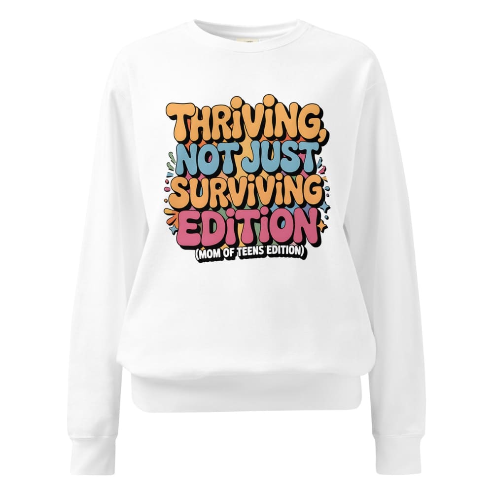 White sweatshirt with colorful text design on a white background