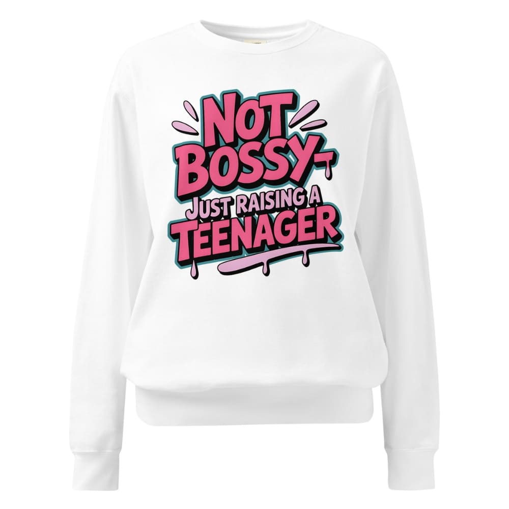 White sweatshirt with pink and blue text on a white background