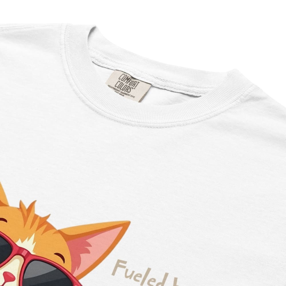 Cool cat with sunglasses holding a softball bat and coffee cup, beside text “Fueled by Coffee & Curveballs” – printed on soft heavyweight t-shirt for sporty moms