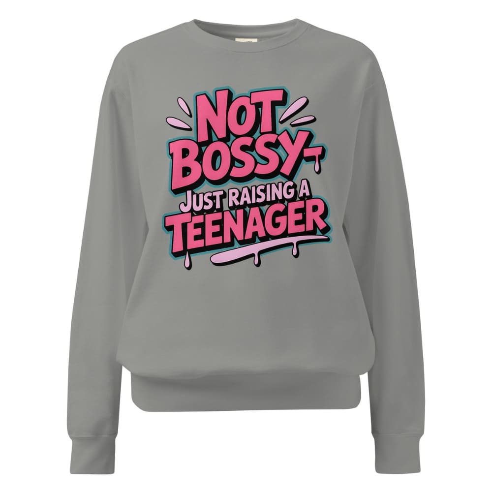 Gray sweatshirt with pink and blue text on a white background
