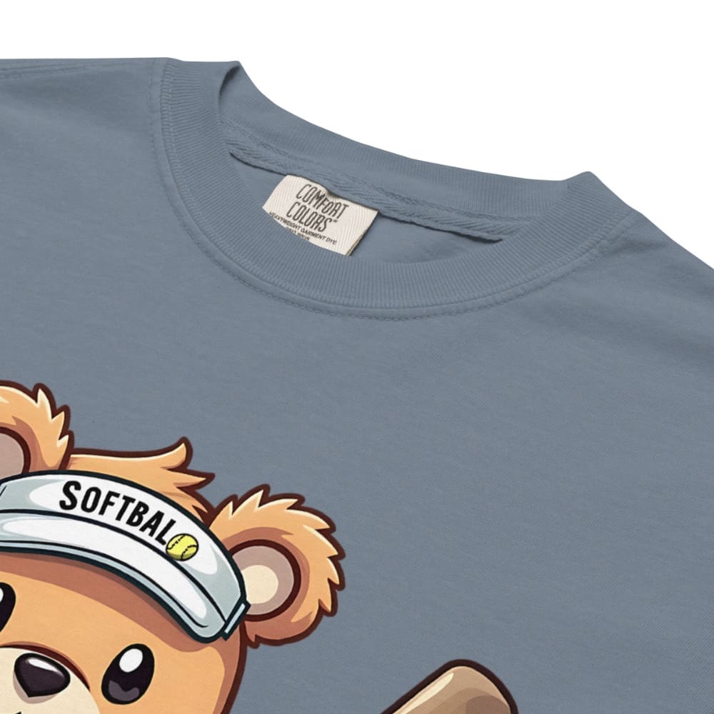 Cartoon bear holding softball bats and ball wearing a visor labeled “Softball” – printed on garment-dyed heavyweight t-shirt for sporty moms