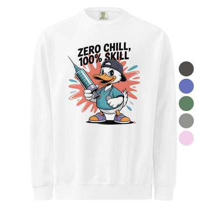 White long-sleeve shirt with cartoon character holding a syringe and text 'Zero Chill, 100% Skill' on a white background.