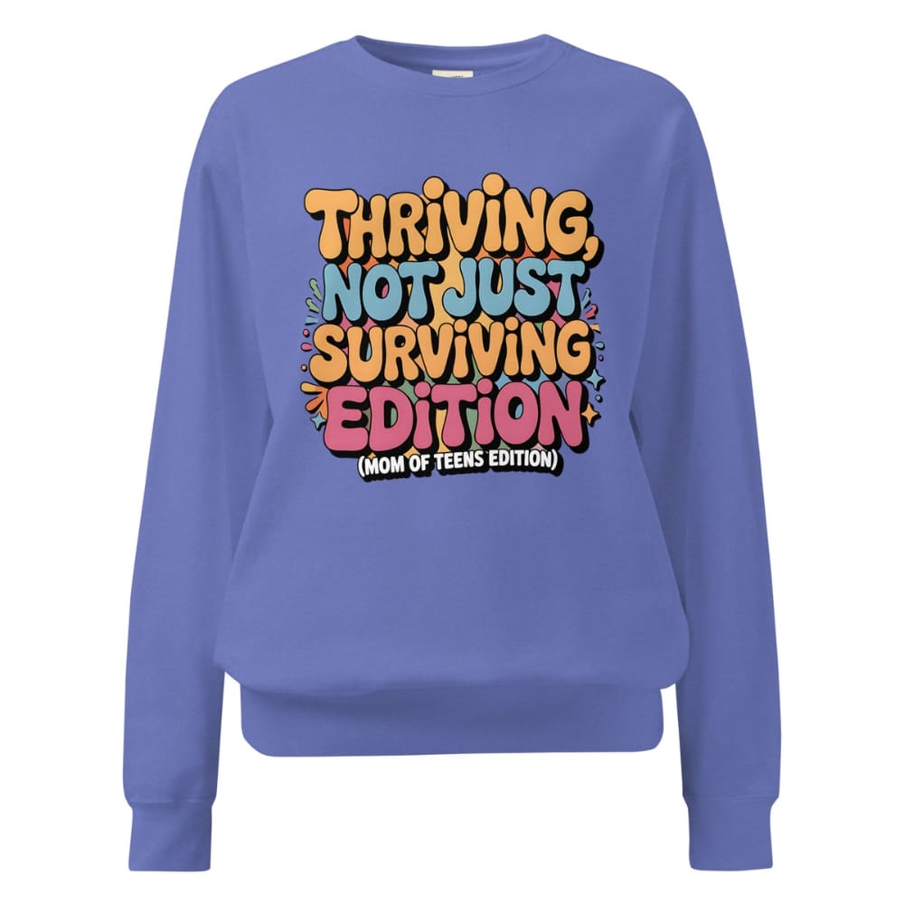 Blue sweatshirt with colorful text design on a white background