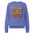 Blue sweatshirt with colorful text design on a white background