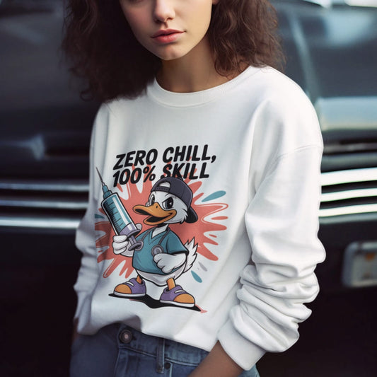 Person wearing a white sweatshirt with a cartoon duck design and text.