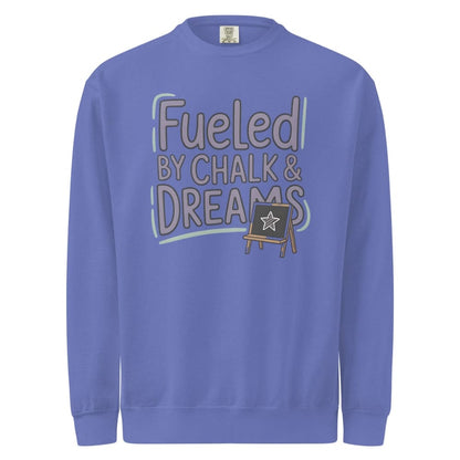 Fueled by Chalk & Dreams printed design on a vintage-style garment-dyed sweatshirt with chalkboard illustration – soft fleece ideal for teachers