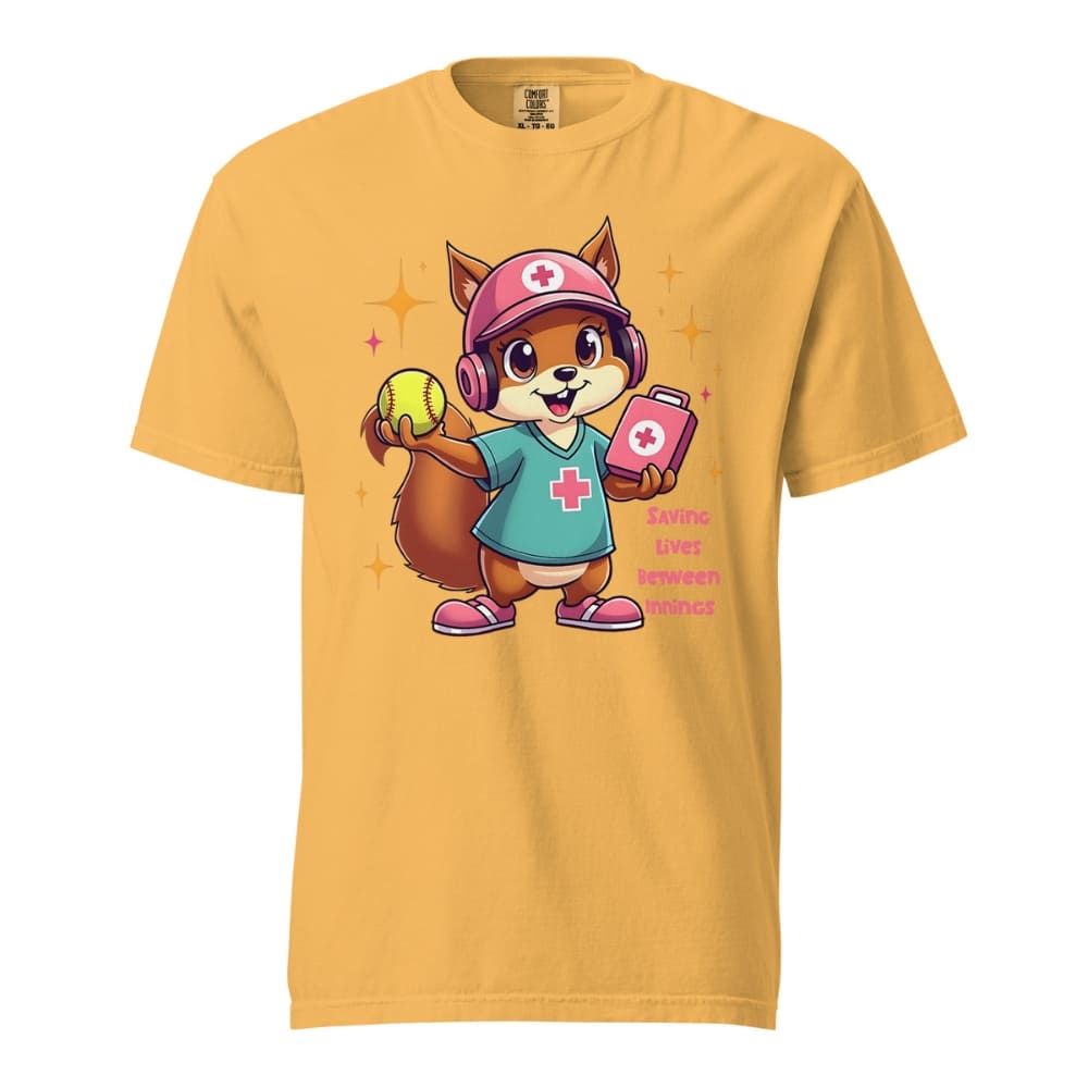 Cute squirrel nurse cartoon in scrubs, pink cap, and headset holding a softball and medical kit with the phrase “Saving Lives Between Innings” — printed on a heavyweight cotton t-shirt