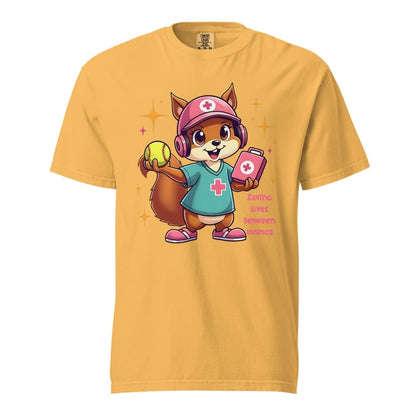 Cute squirrel nurse cartoon in scrubs, pink cap, and headset holding a softball and medical kit with the phrase “Saving Lives Between Innings” — printed on a heavyweight cotton t-shirt