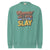 “Mommin' Ain’t Easy But I Slay” retro-style DTG printed design in peach, blue, and yellow on vintage garment-dyed fleece sweatshirt