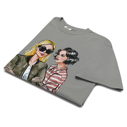 Gray t-shirt with illustrations of two women on a white background
