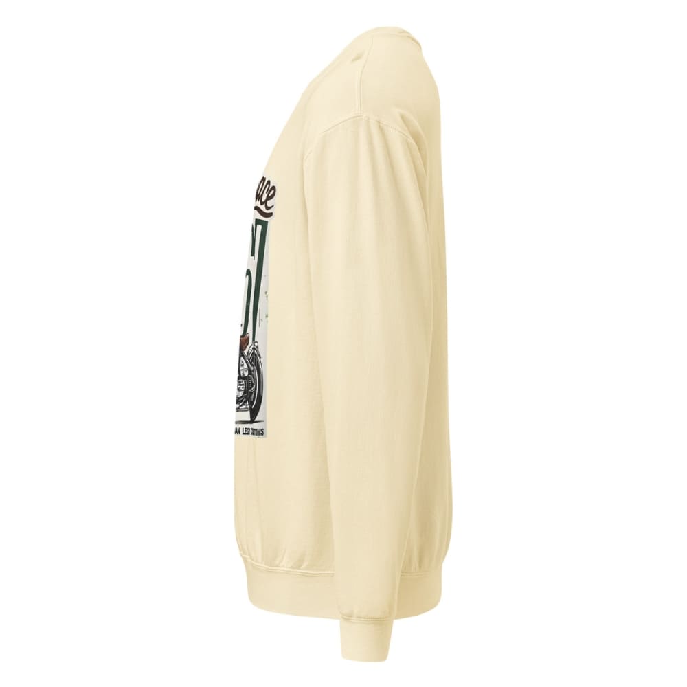 Beige sweatshirt with graphic design on the sleeve against a white background