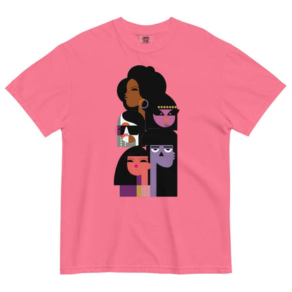 Pink t-shirt with a graphic of four stylized women on a white background