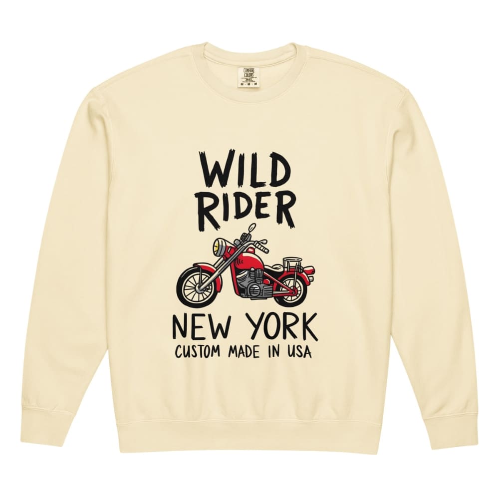 Beige sweatshirt with a graphic of a red motorcycle and text on a white background