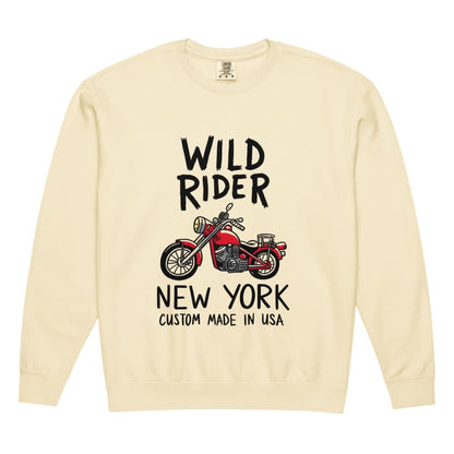 Beige sweatshirt with a graphic of a red motorcycle and text on a white background