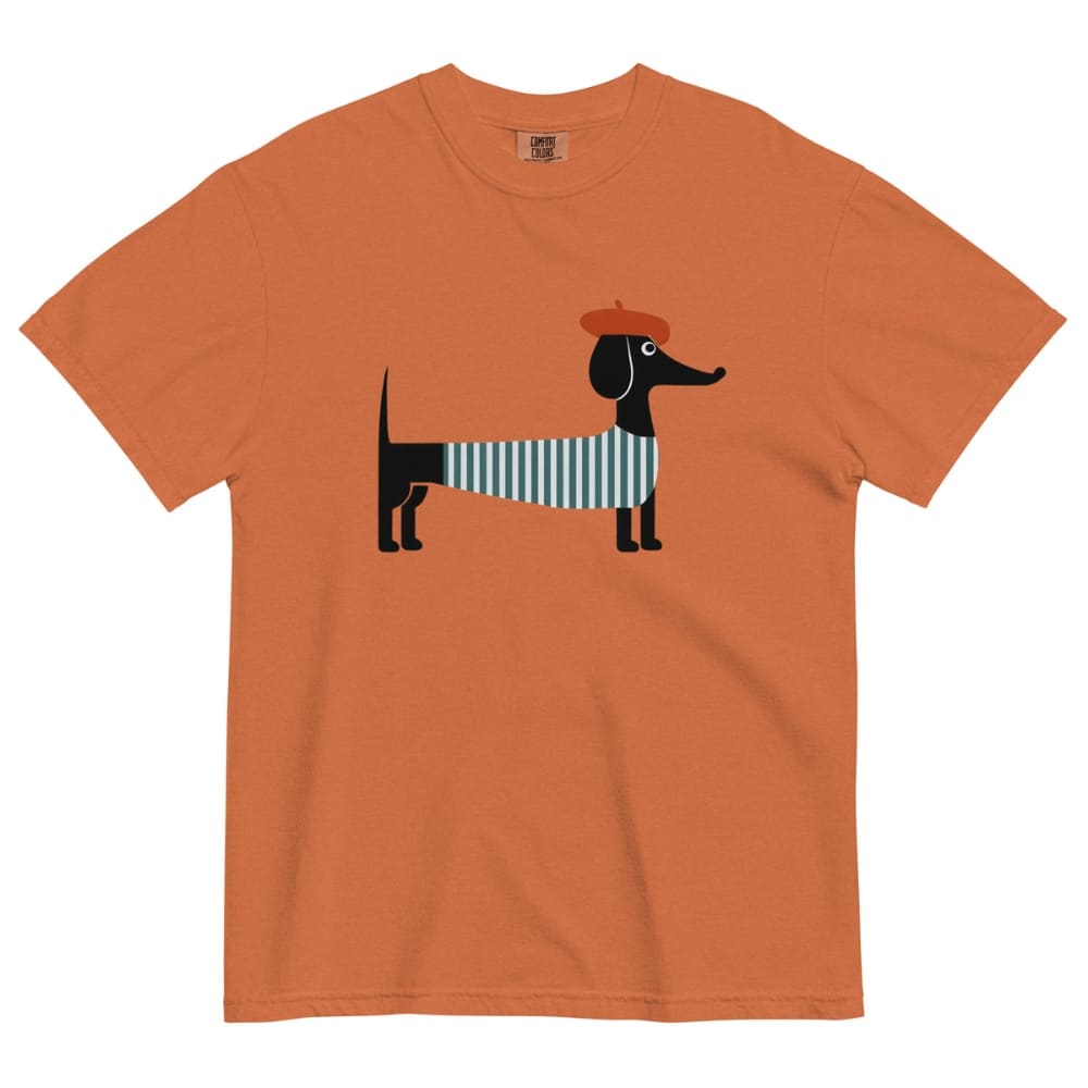 Yam orange t-shirt with a dachshund graphic wearing a striped sweater and hat on a white background
