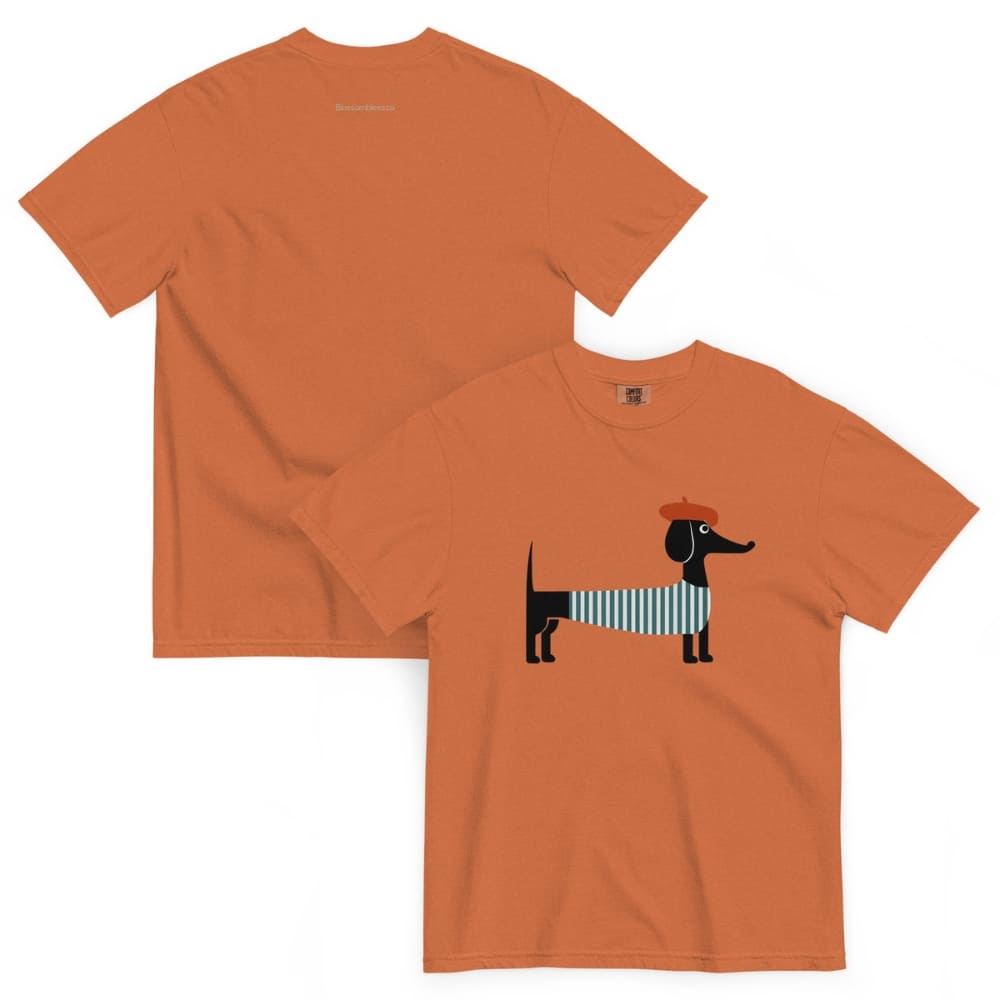 Yam orange t-shirt with a dachshund graphic on a white background