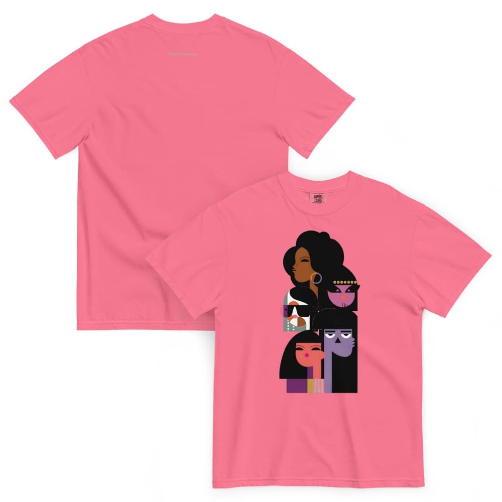 Pink t-shirt with a graphic design of three stylized faces on a white background