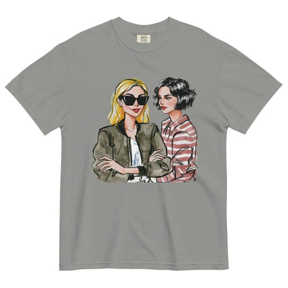 Gray t-shirt with graphic of two women on a white background