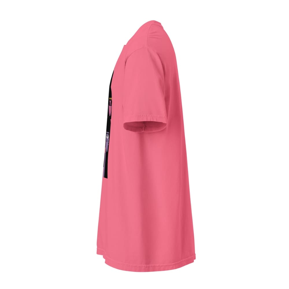 Pink t-shirt with a small black graphic on a white background