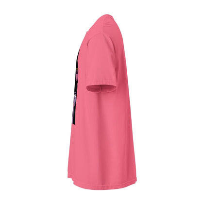 Pink t-shirt with a small black graphic on a white background