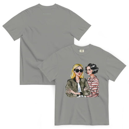 Gray t-shirt with a graphic of two women on a white background
