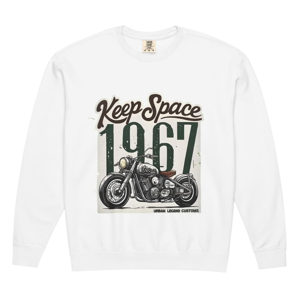 White long-sleeve shirt with a motorcycle graphic and text 'Keep Space 1967' on a white background